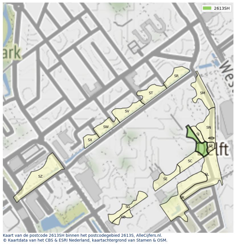 Afbeelding van het postcodegebied 2613 SH op de kaart.