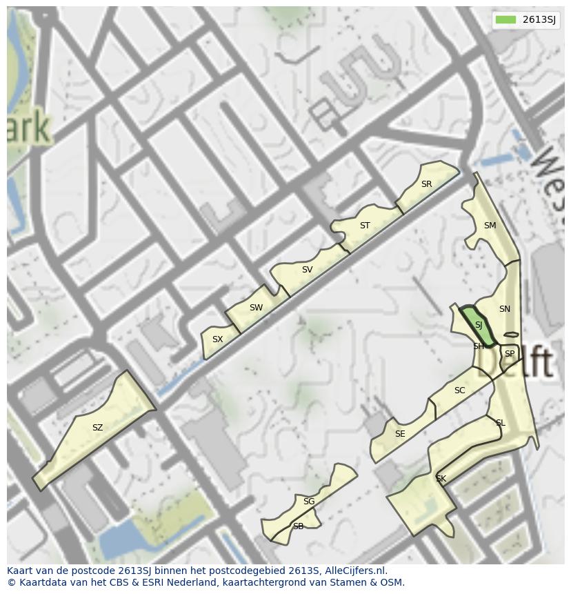Afbeelding van het postcodegebied 2613 SJ op de kaart.