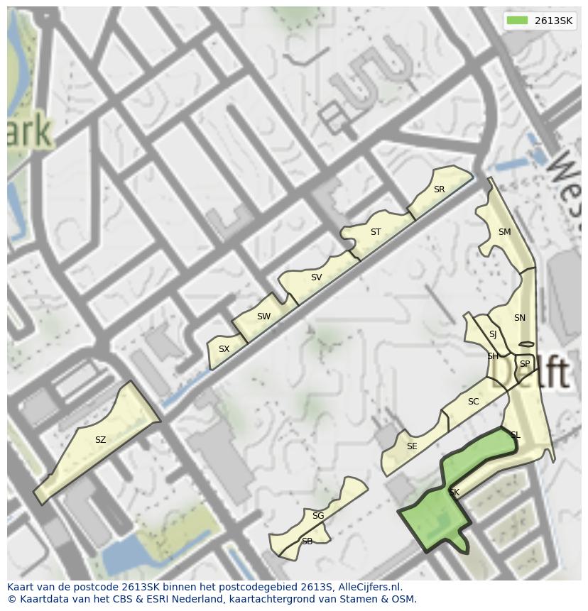 Afbeelding van het postcodegebied 2613 SK op de kaart.