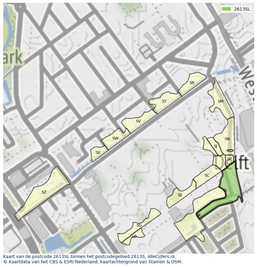 Afbeelding van het postcodegebied 2613 SL op de kaart.
