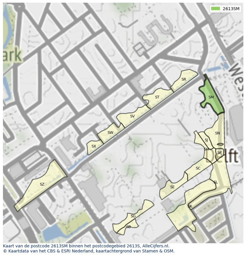 Afbeelding van het postcodegebied 2613 SM op de kaart.