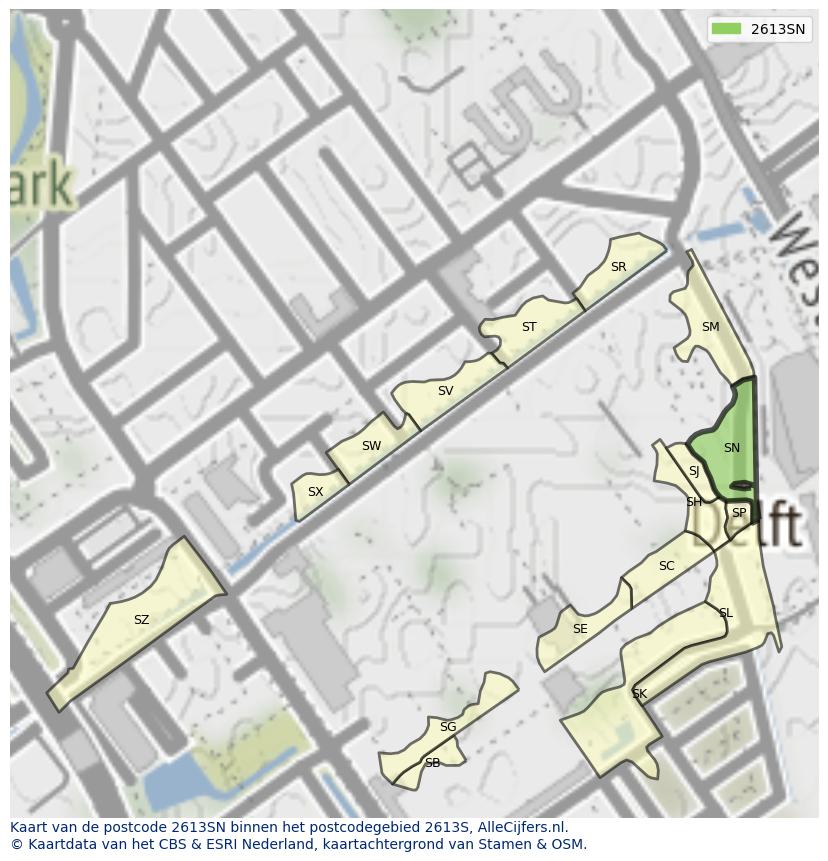Afbeelding van het postcodegebied 2613 SN op de kaart.