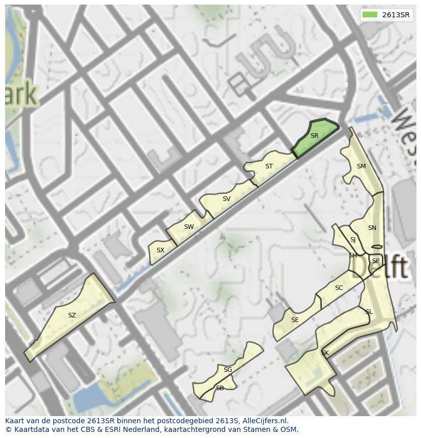 Afbeelding van het postcodegebied 2613 SR op de kaart.