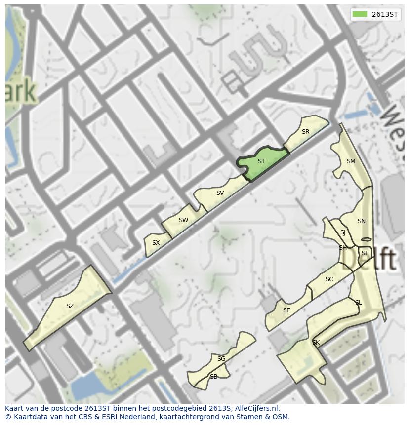 Afbeelding van het postcodegebied 2613 ST op de kaart.
