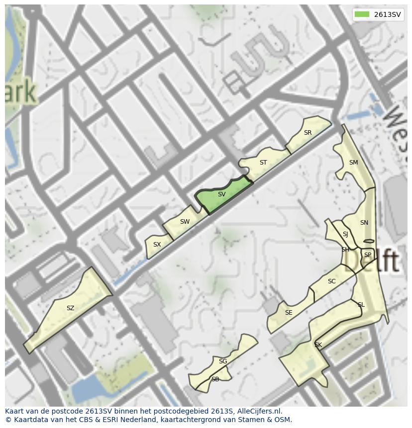Afbeelding van het postcodegebied 2613 SV op de kaart.