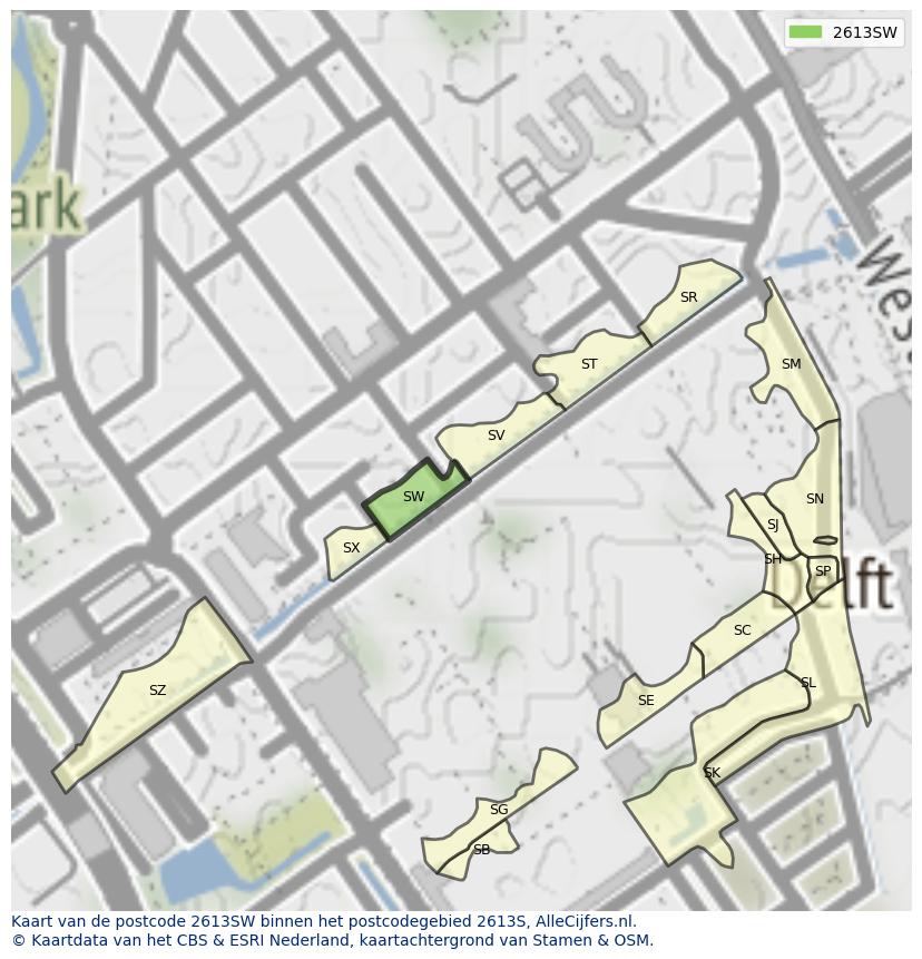 Afbeelding van het postcodegebied 2613 SW op de kaart.