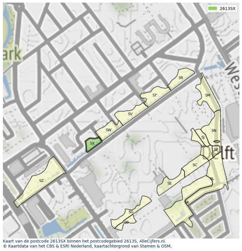 Afbeelding van het postcodegebied 2613 SX op de kaart.