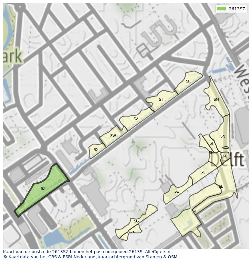 Afbeelding van het postcodegebied 2613 SZ op de kaart.