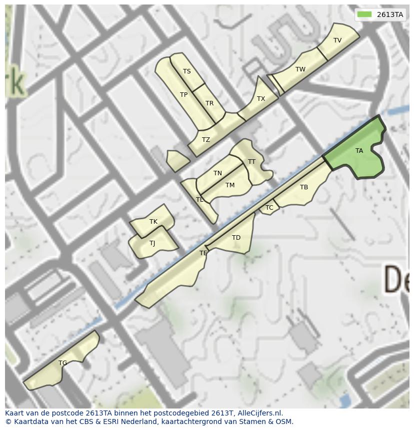 Afbeelding van het postcodegebied 2613 TA op de kaart.