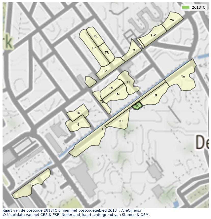 Afbeelding van het postcodegebied 2613 TC op de kaart.