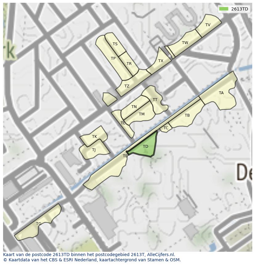 Afbeelding van het postcodegebied 2613 TD op de kaart.