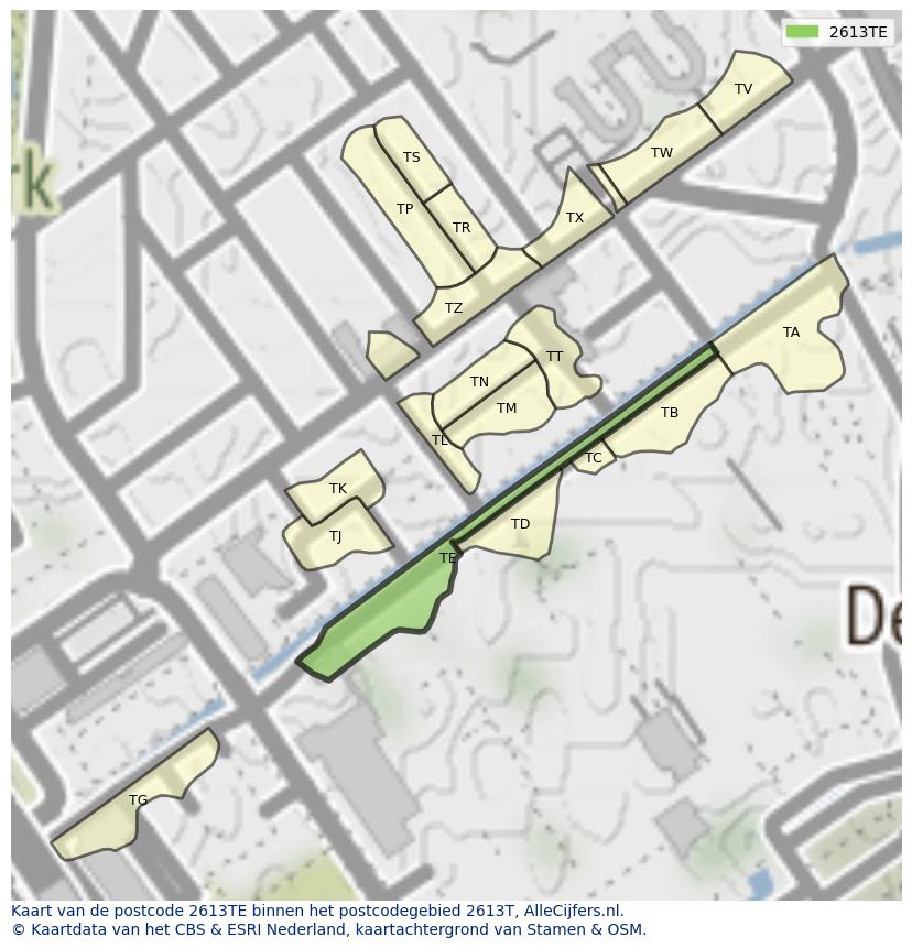 Afbeelding van het postcodegebied 2613 TE op de kaart.