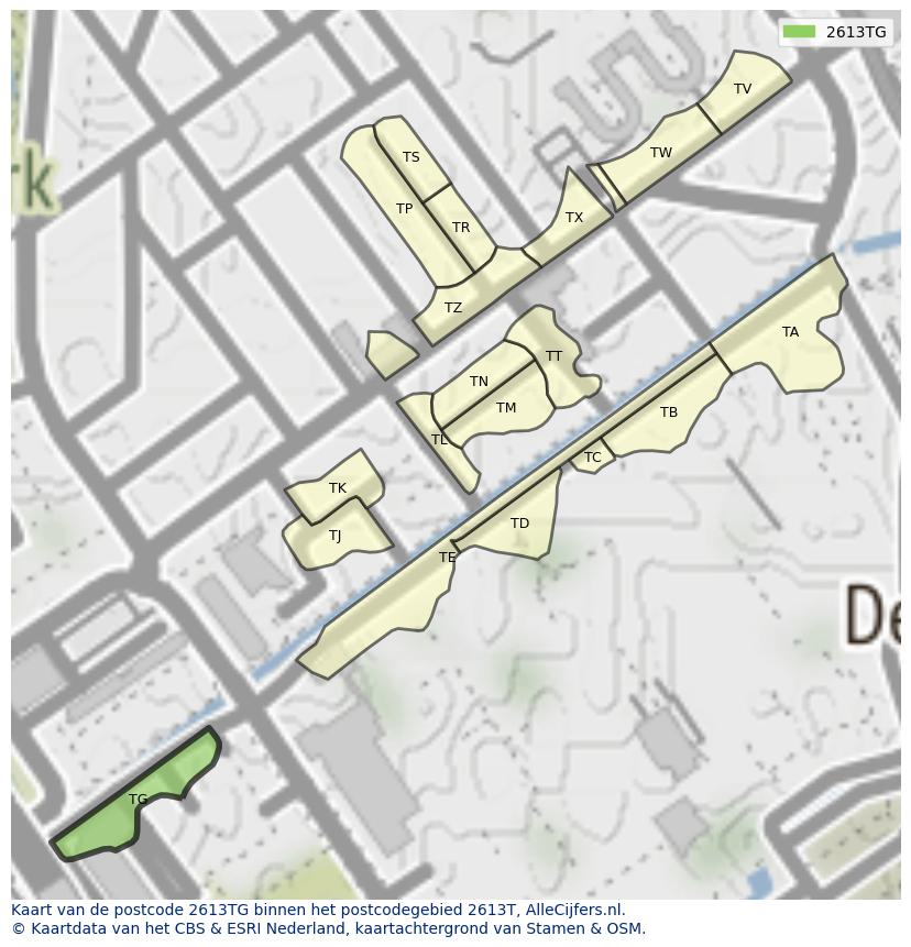 Afbeelding van het postcodegebied 2613 TG op de kaart.