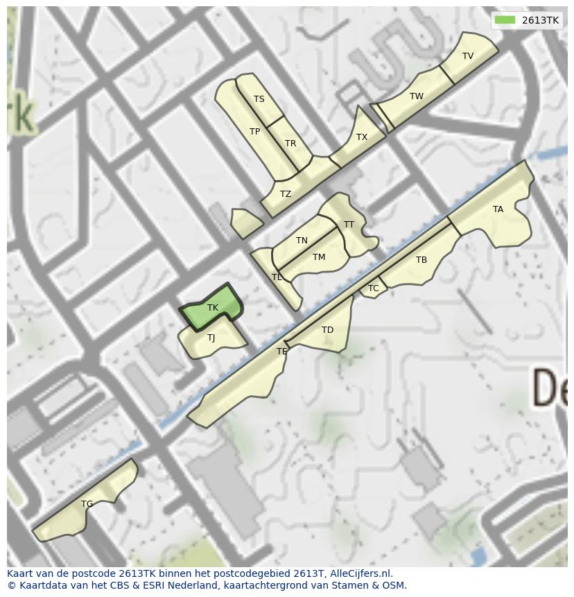 Afbeelding van het postcodegebied 2613 TK op de kaart.