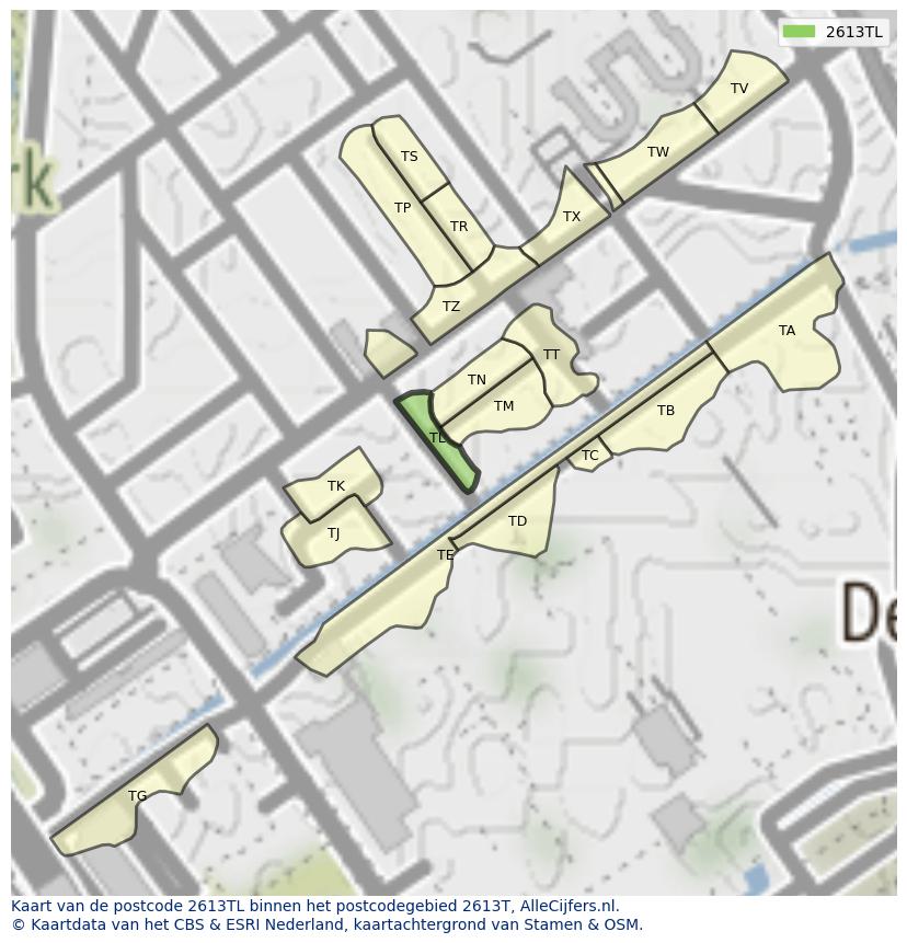 Afbeelding van het postcodegebied 2613 TL op de kaart.