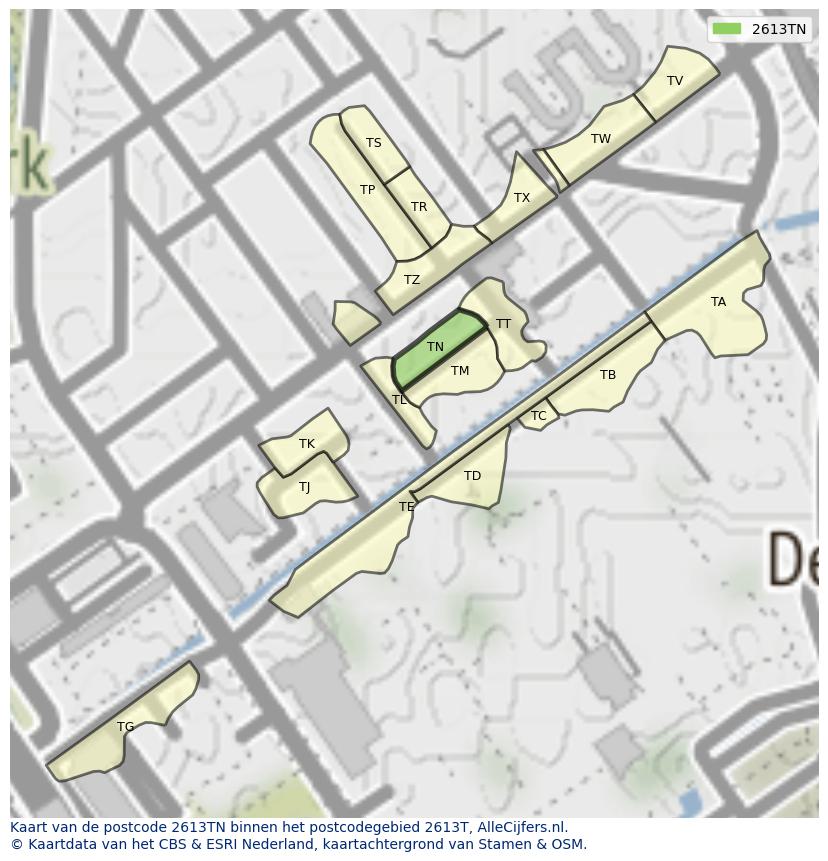 Afbeelding van het postcodegebied 2613 TN op de kaart.