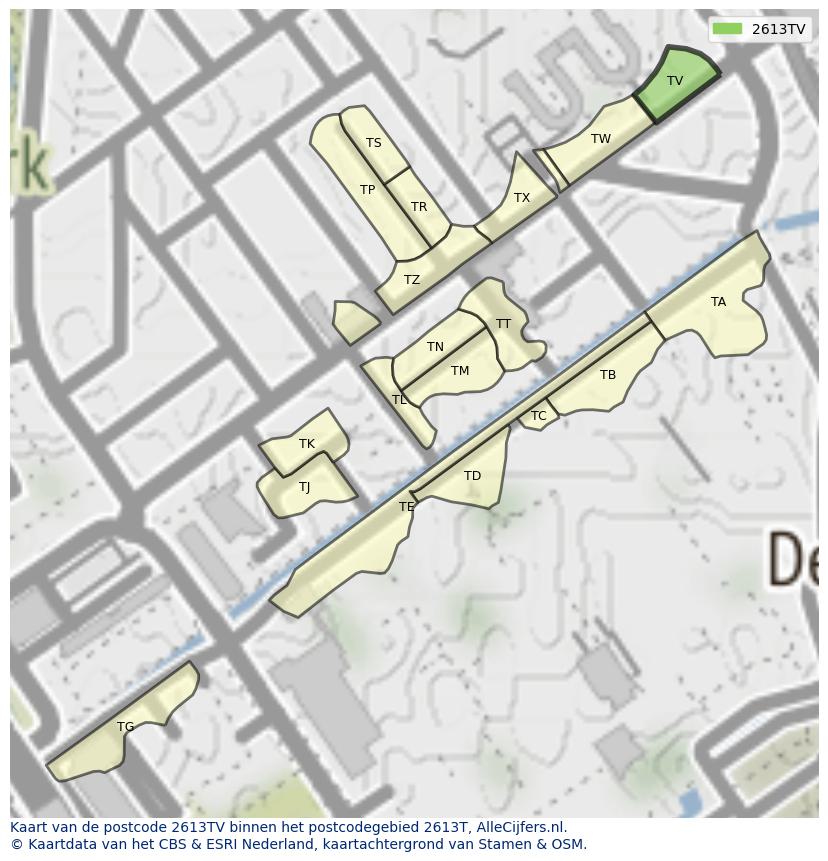 Afbeelding van het postcodegebied 2613 TV op de kaart.