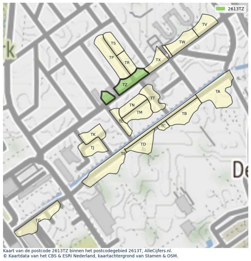 Afbeelding van het postcodegebied 2613 TZ op de kaart.
