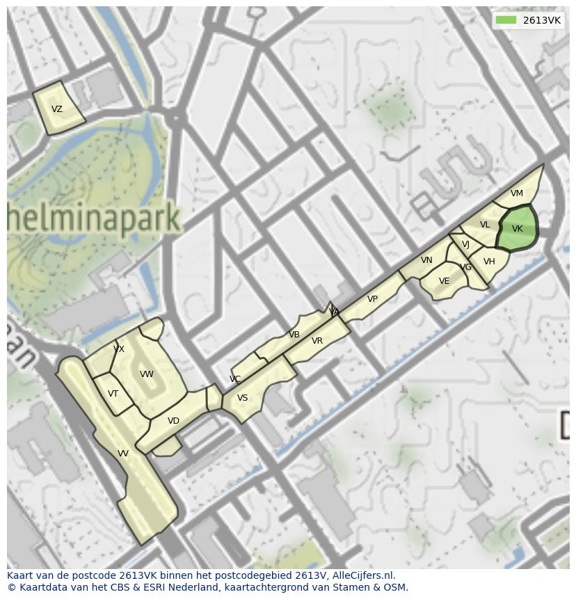 Afbeelding van het postcodegebied 2613 VK op de kaart.