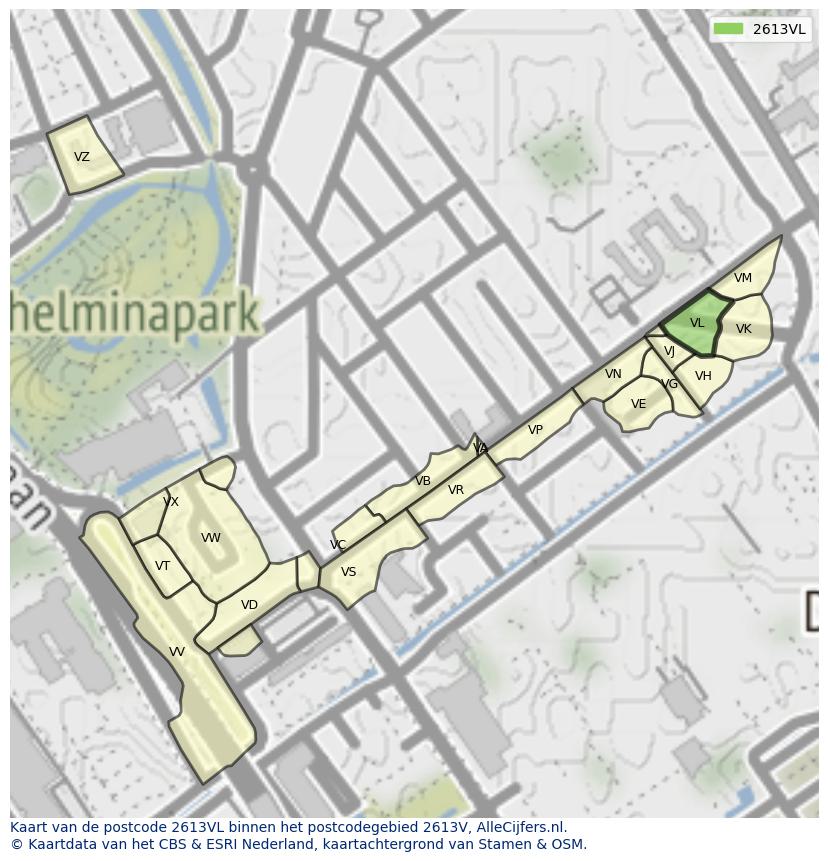 Afbeelding van het postcodegebied 2613 VL op de kaart.