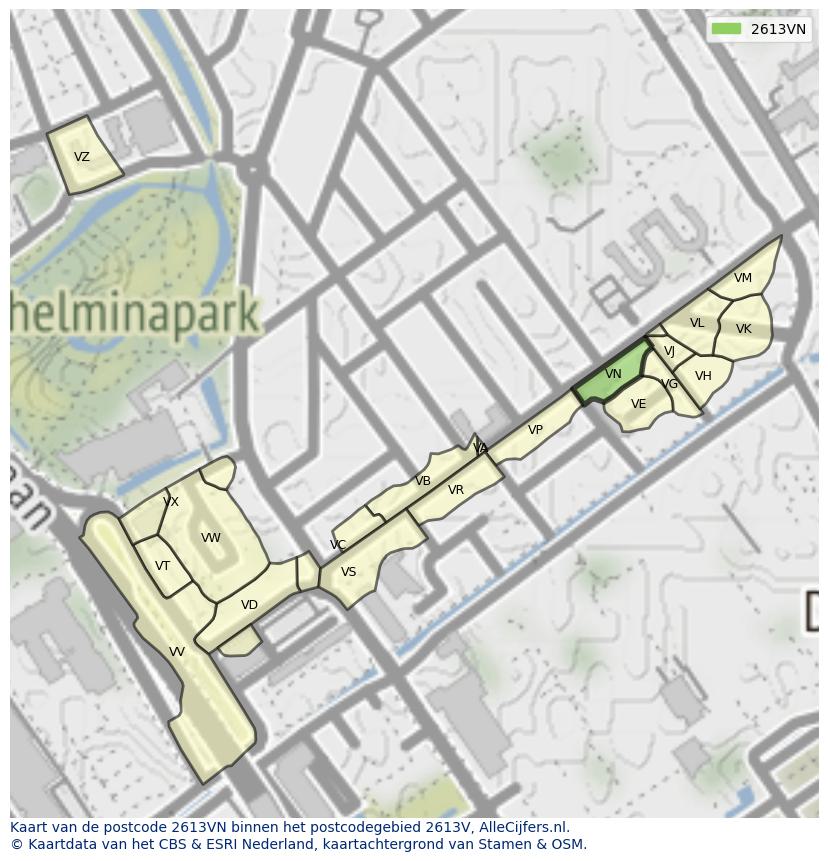 Afbeelding van het postcodegebied 2613 VN op de kaart.