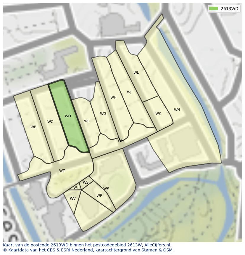 Afbeelding van het postcodegebied 2613 WD op de kaart.