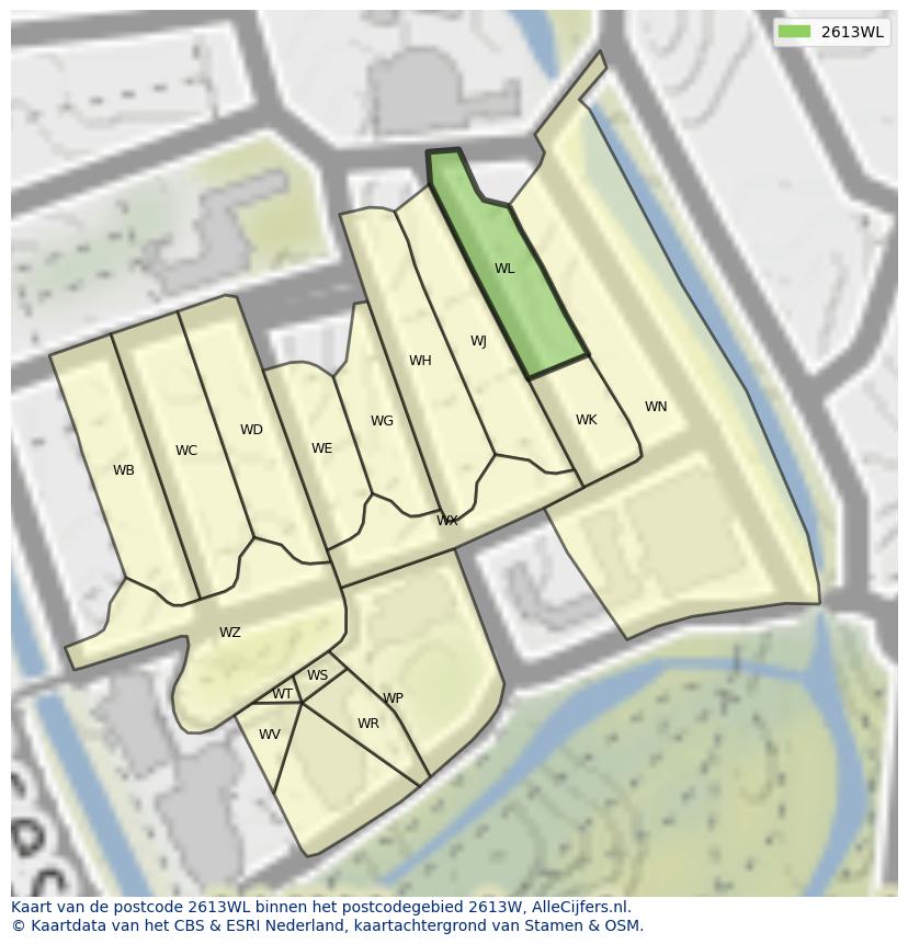 Afbeelding van het postcodegebied 2613 WL op de kaart.