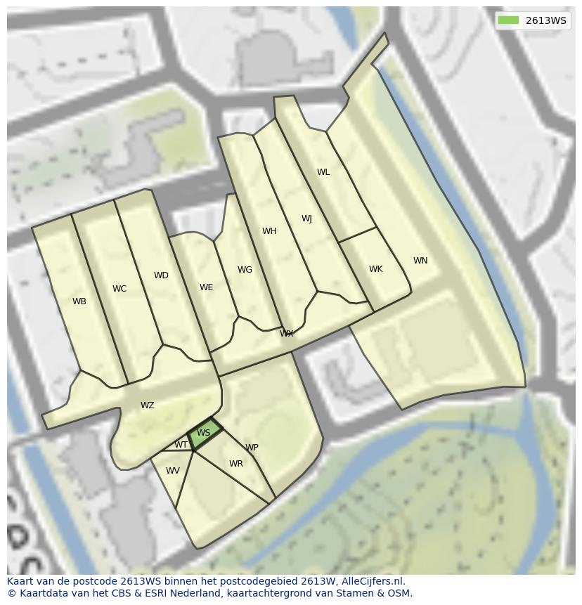 Afbeelding van het postcodegebied 2613 WS op de kaart.