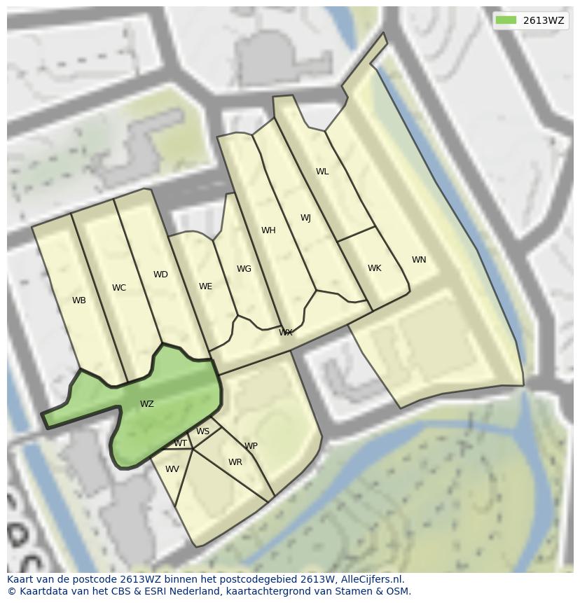 Afbeelding van het postcodegebied 2613 WZ op de kaart.