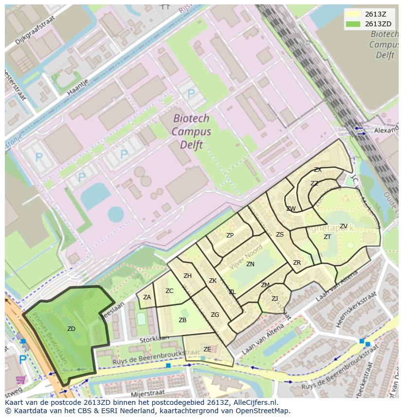 Afbeelding van het postcodegebied 2613 ZD op de kaart.