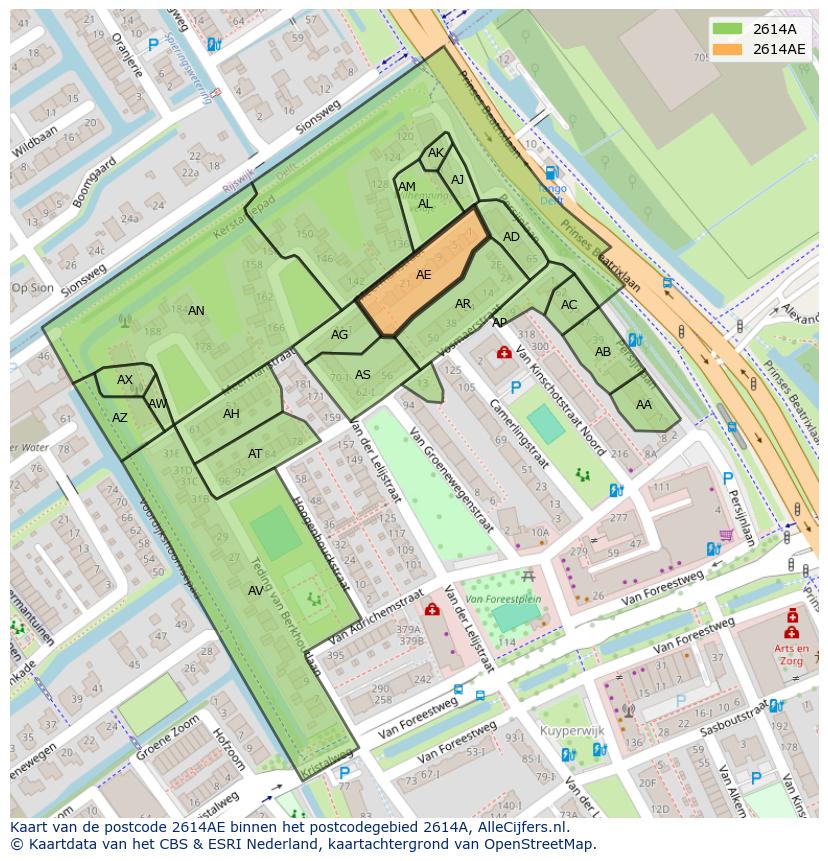 Afbeelding van het postcodegebied 2614 AE op de kaart.
