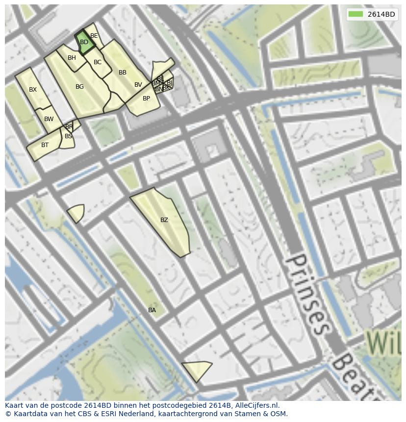 Afbeelding van het postcodegebied 2614 BD op de kaart.