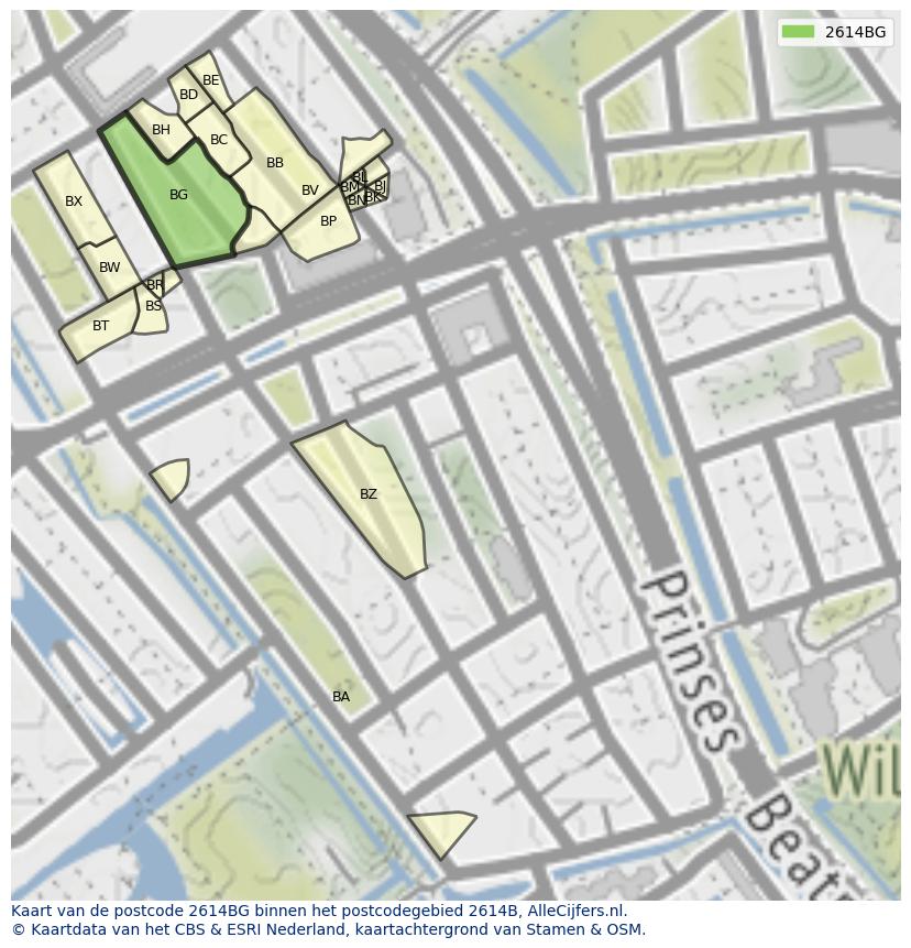 Afbeelding van het postcodegebied 2614 BG op de kaart.