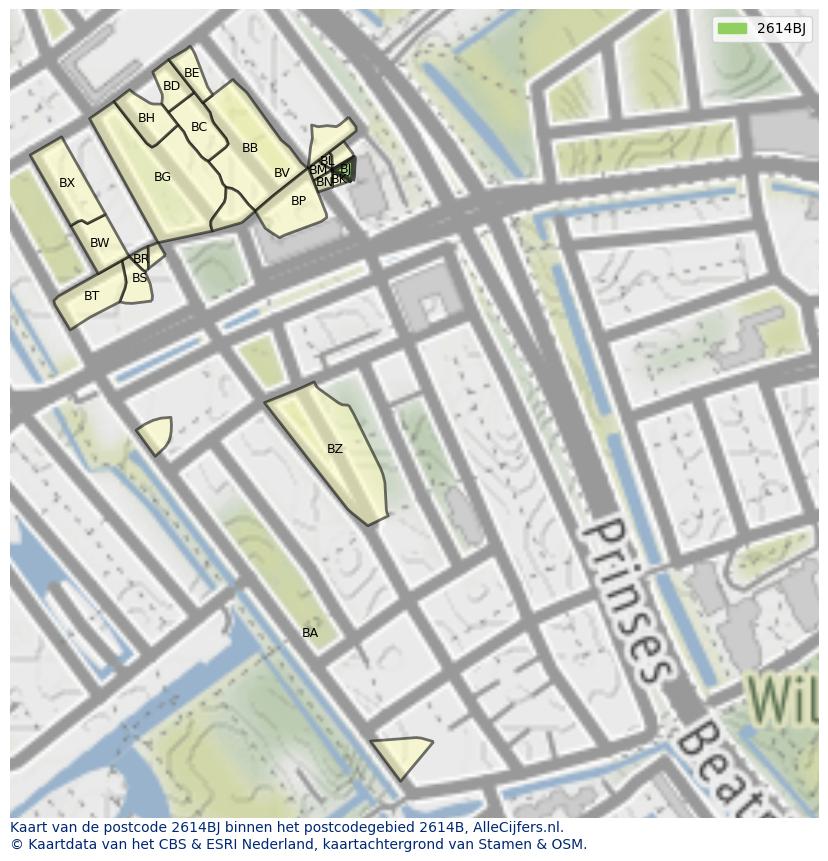 Afbeelding van het postcodegebied 2614 BJ op de kaart.