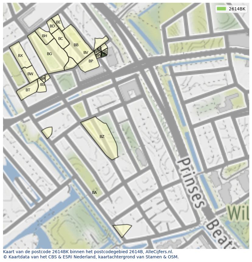 Afbeelding van het postcodegebied 2614 BK op de kaart.