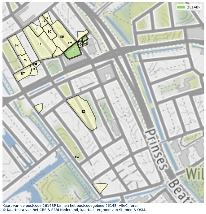 Afbeelding van het postcodegebied 2614 BP op de kaart.