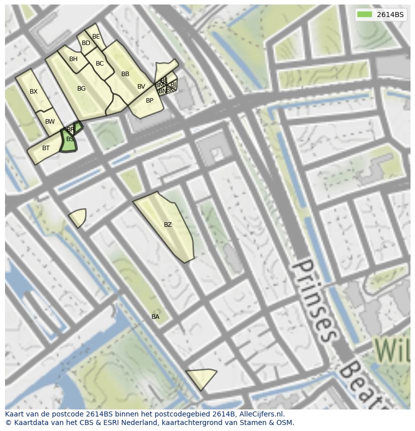 Afbeelding van het postcodegebied 2614 BS op de kaart.
