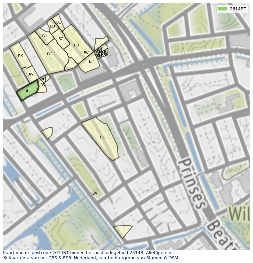 Afbeelding van het postcodegebied 2614 BT op de kaart.