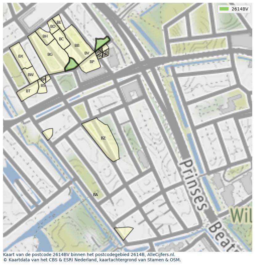 Afbeelding van het postcodegebied 2614 BV op de kaart.