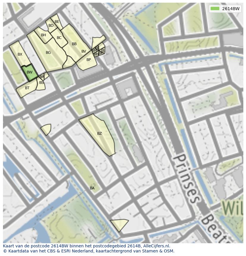 Afbeelding van het postcodegebied 2614 BW op de kaart.