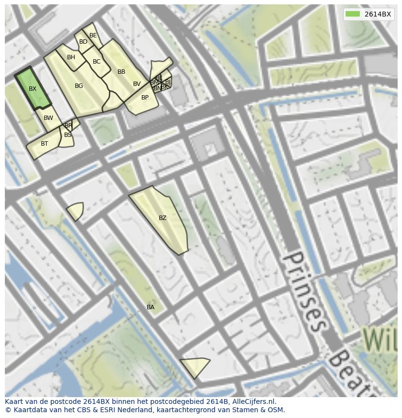 Afbeelding van het postcodegebied 2614 BX op de kaart.