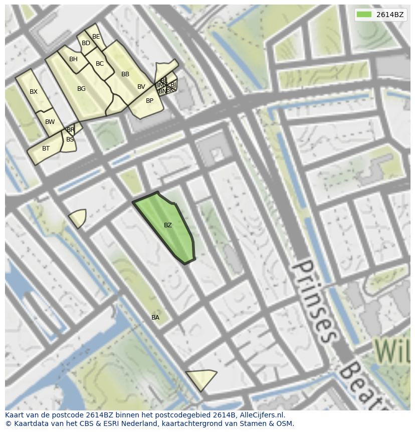 Afbeelding van het postcodegebied 2614 BZ op de kaart.