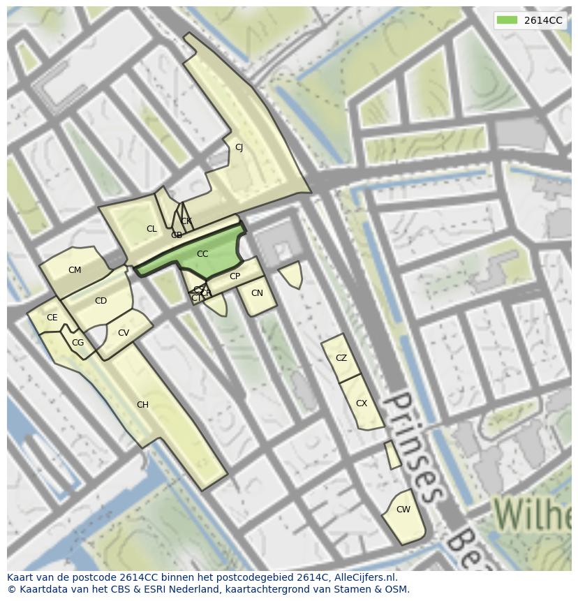 Afbeelding van het postcodegebied 2614 CC op de kaart.