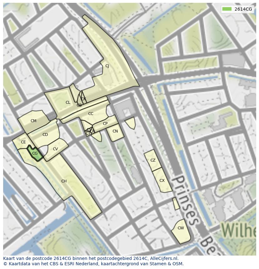 Afbeelding van het postcodegebied 2614 CG op de kaart.