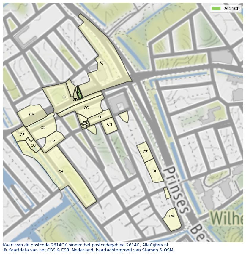Afbeelding van het postcodegebied 2614 CK op de kaart.