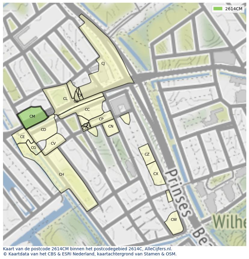 Afbeelding van het postcodegebied 2614 CM op de kaart.