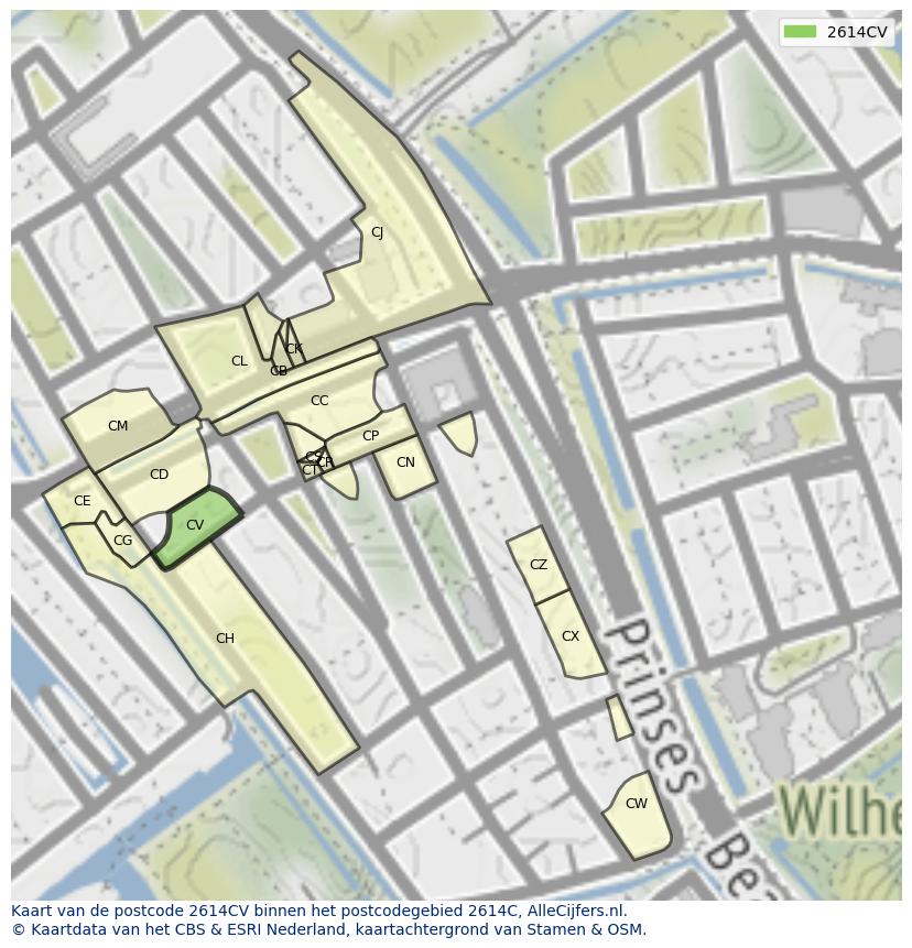 Afbeelding van het postcodegebied 2614 CV op de kaart.