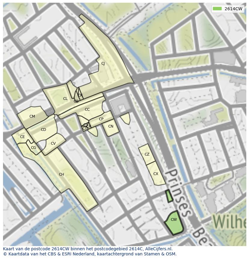 Afbeelding van het postcodegebied 2614 CW op de kaart.