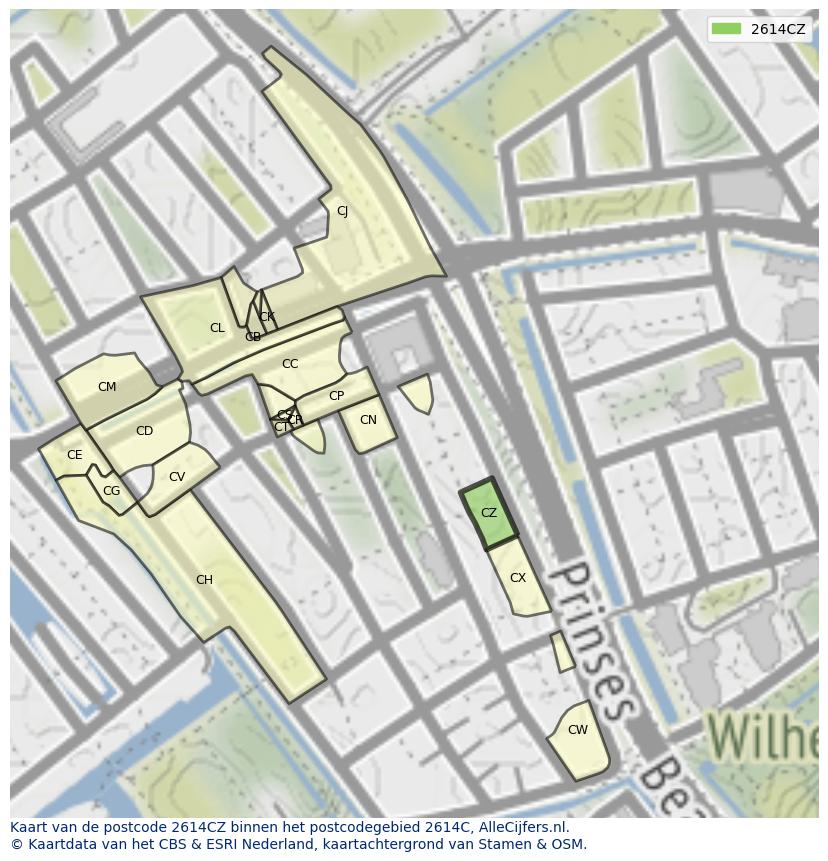 Afbeelding van het postcodegebied 2614 CZ op de kaart.