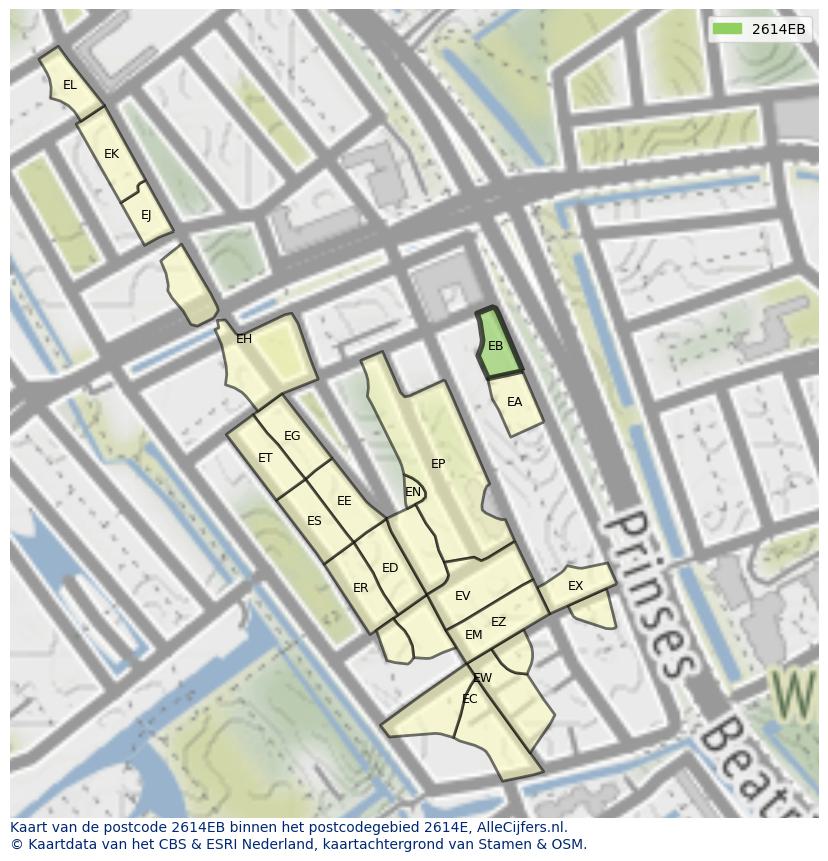 Afbeelding van het postcodegebied 2614 EB op de kaart.